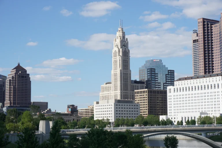 Columbus, Ohio skyline from the Main Street Bridge, illustrating whether weed is legal in Ohio